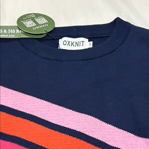 Women's Navy Crew Neck Sweater with Pink and Orange Stripes